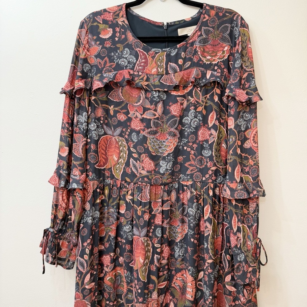 LOFT Long Sleeve Floral Ruffled Midi Dress — Gray with Coral and Olive Accents